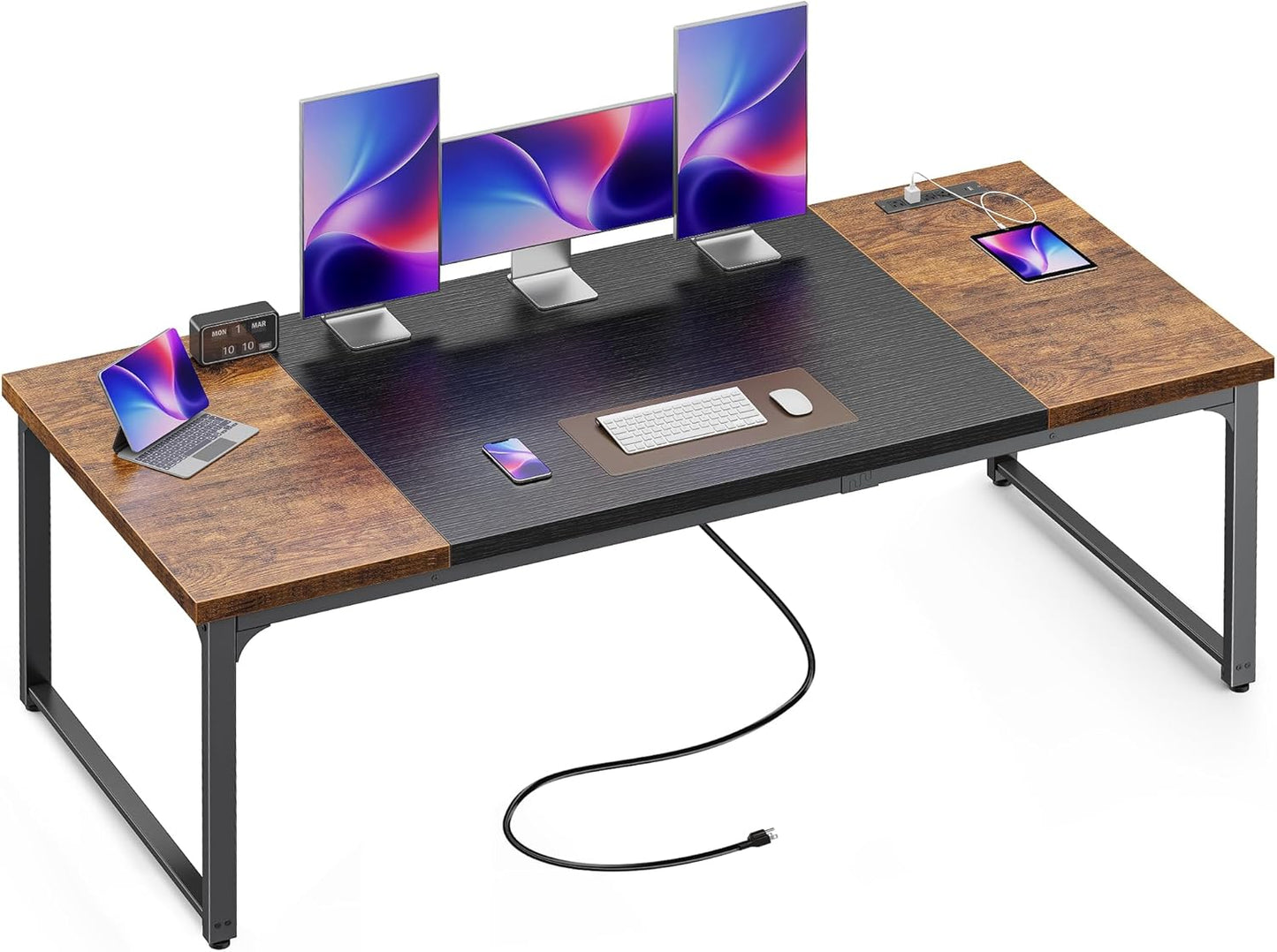 Huuger 63 x 24 inch Desk with Power Outlets & USB-C, Deeper & Thicker Desktop, Robust Metal Tubes, Computer Desk, Heavy Duty Office Desk, Work Gaming Desk, for Home Office, White
