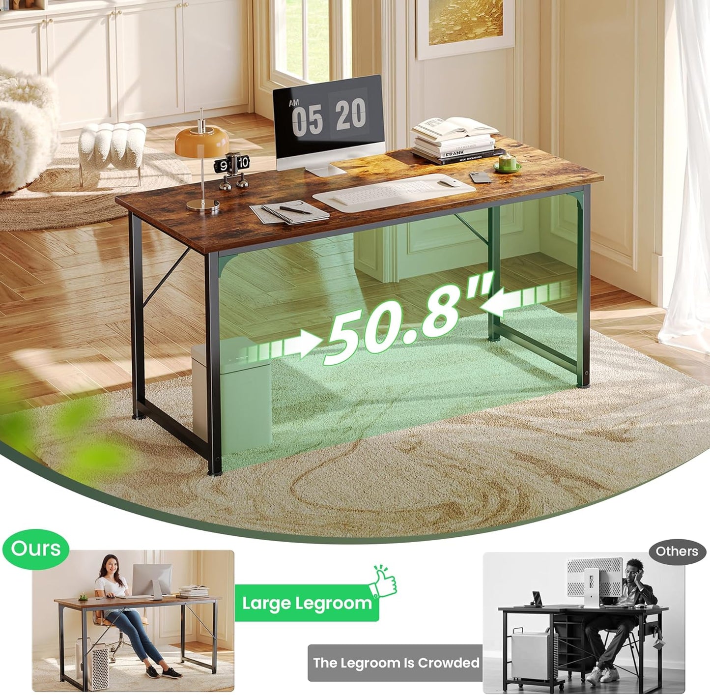 Huuger Computer Desk, 55 Inch Home Office Desk, Gaming Writing Work from Home Study Desk, Large Legroom, Sturdy Metal Frame, Modern Simple, Rustic Brown