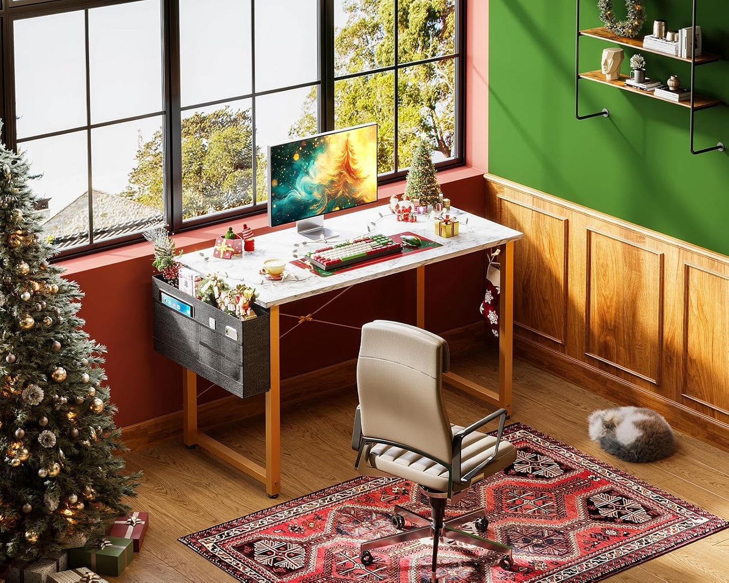 ODK Computer Desk, 40 Inch Small Study Desk, Office Desk with Storage, Work Table with Headphone Hook for Small Space Home Office, White Marble + Gold Leg