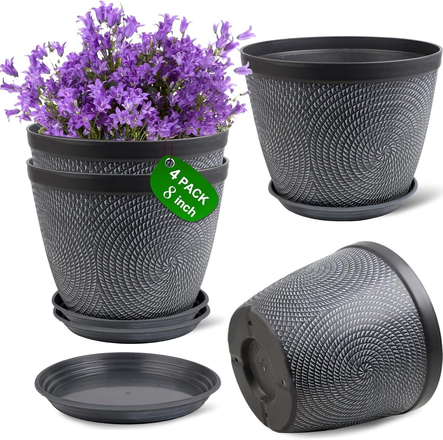 Quarut 10 Inch Flower Pots Planters for Outdoor Indoor, 3 Pack Plastic Plant Pots with Drainage Hole & Tray, Modern Decorative Garden Pot with Saucer, planters for House (Gray)