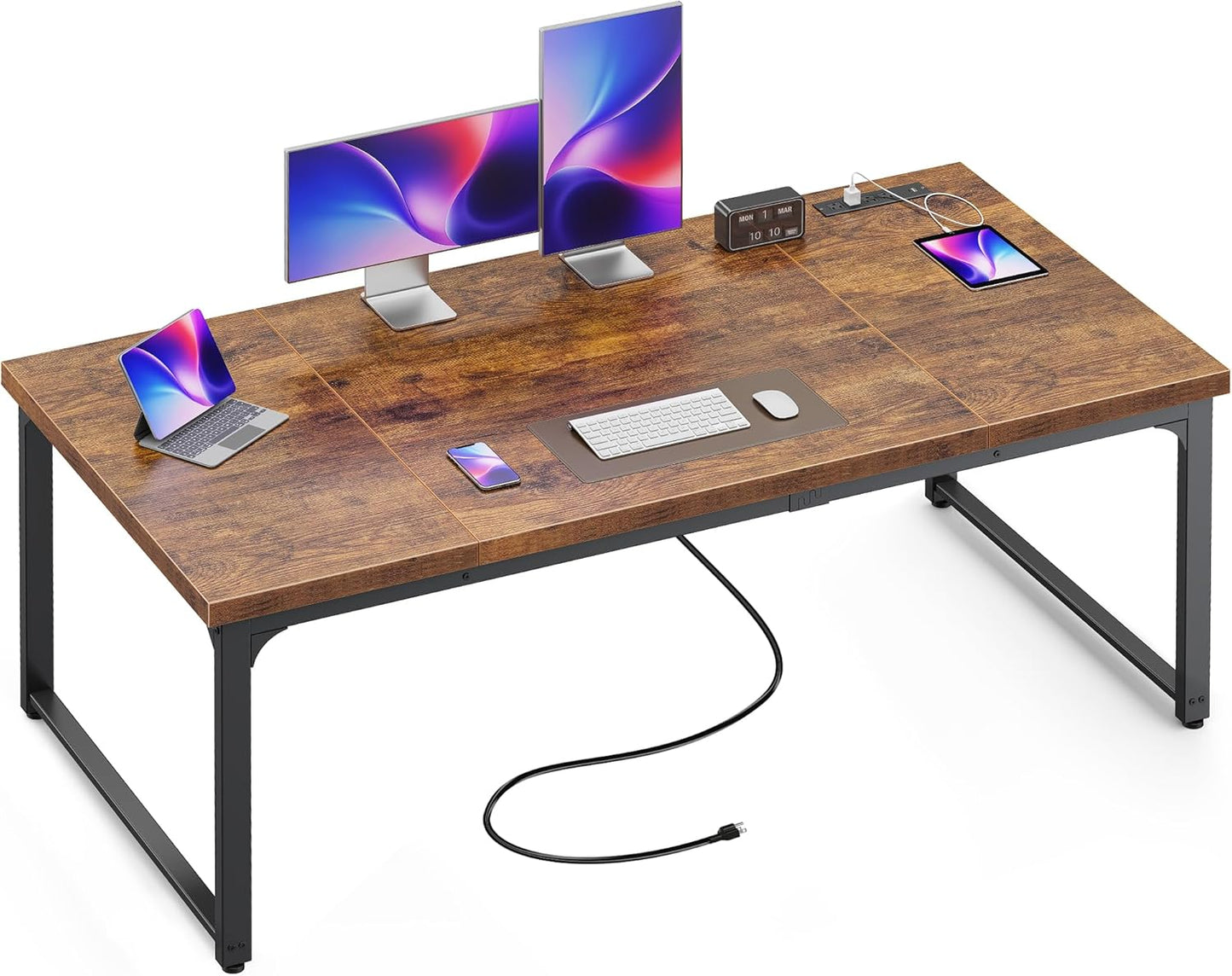 Huuger 63 x 24 inch Desk with Power Outlets & USB-C, Deeper & Thicker Desktop, Robust Metal Tubes, Computer Desk, Heavy Duty Office Desk, Work Gaming Desk, for Home Office, White