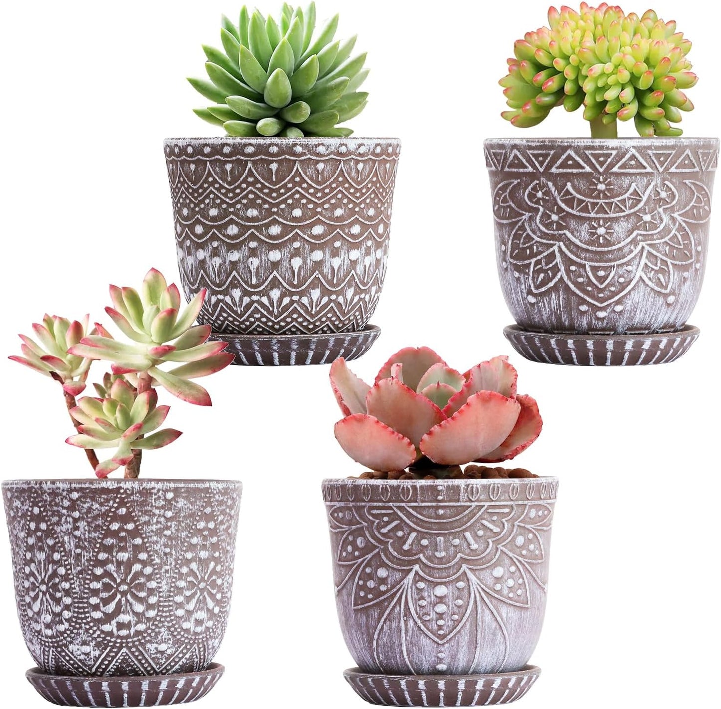 Gepege 6 Inch Beaded Ceramic Planter Set of 2 with Drainage Hole and Saucer for Plants, Indoor-Outdoor Large Round Succulent Orchid Flower Pot (Smoked Gray, Inner-pots not Larger Than 5 Inch)