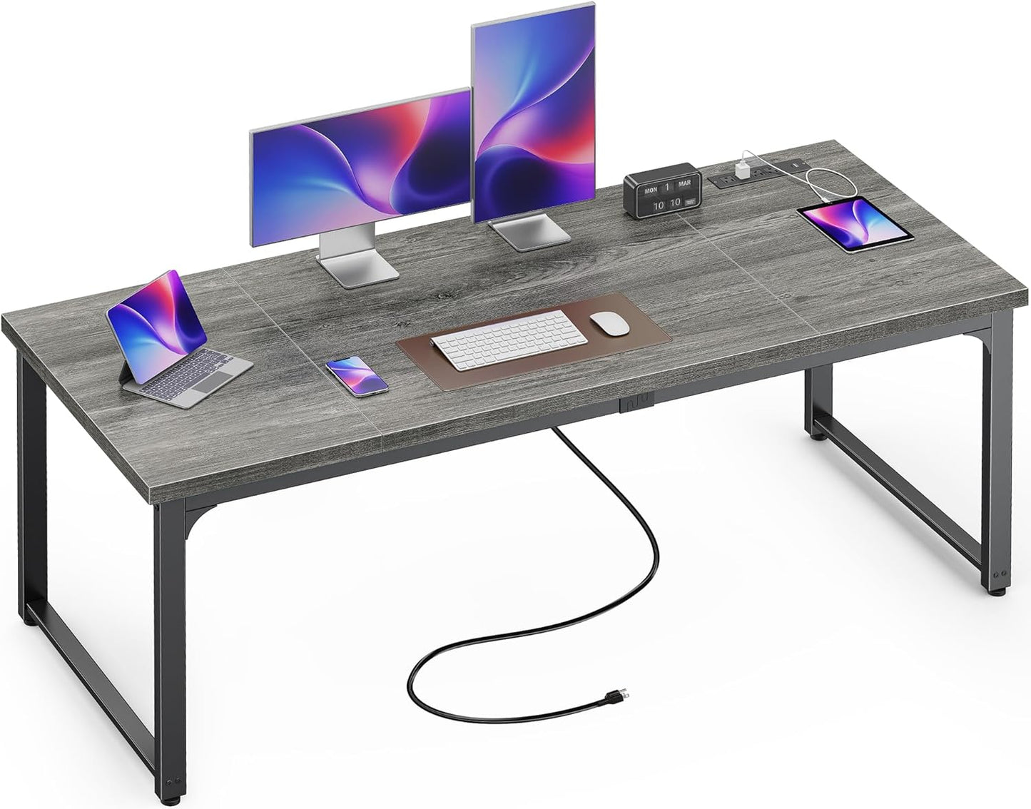 Huuger 63 x 24 inch Desk with Power Outlets & USB-C, Deeper & Thicker Desktop, Robust Metal Tubes, Computer Desk, Heavy Duty Office Desk, Work Gaming Desk, for Home Office, White
