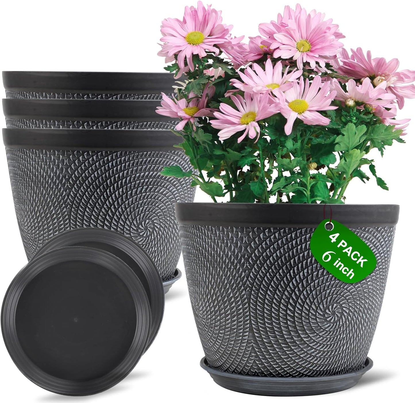 Quarut 10 Inch Flower Pots Planters for Outdoor Indoor, 3 Pack Plastic Plant Pots with Drainage Hole & Tray, Modern Decorative Garden Pot with Saucer, planters for House (Gray)