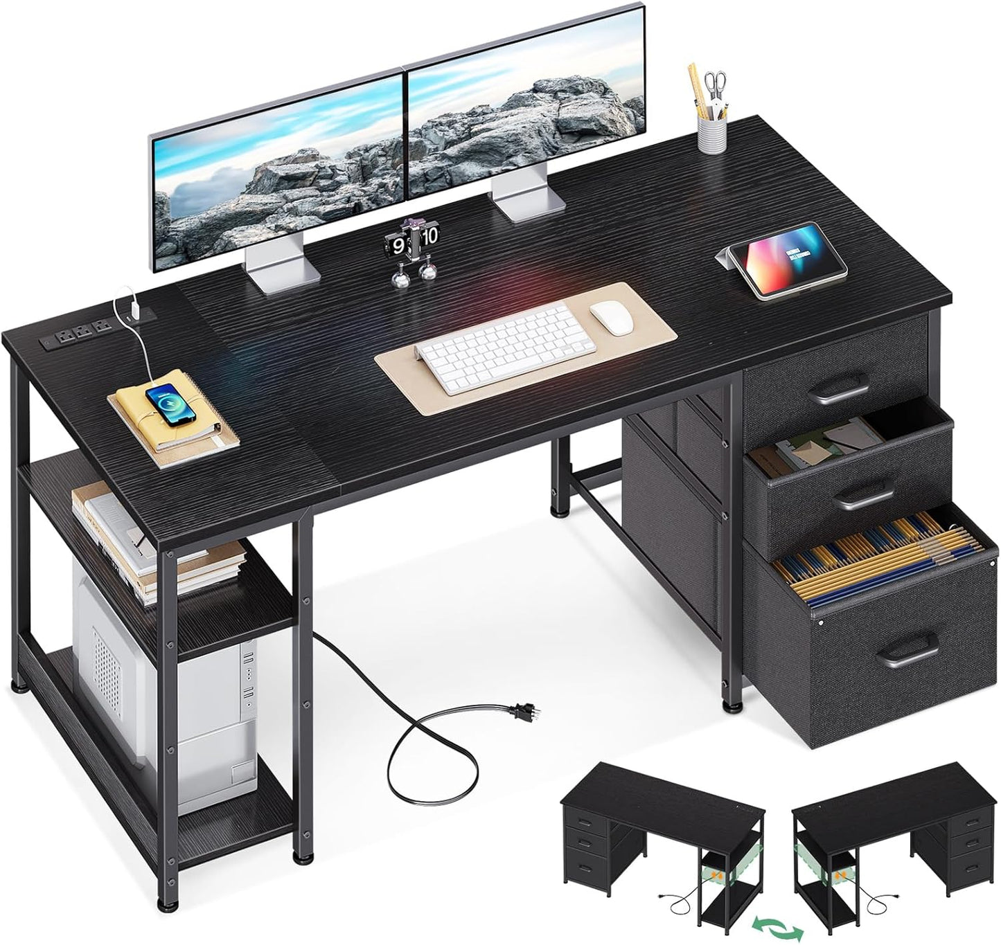 AODK 51 Inch Computer Desk with File Drawers & USB Power Outlets - Reversible Home Office Desk with Storage Shelves, Work from Home, Modern Work/Writing/Study Table for Bedroom, White