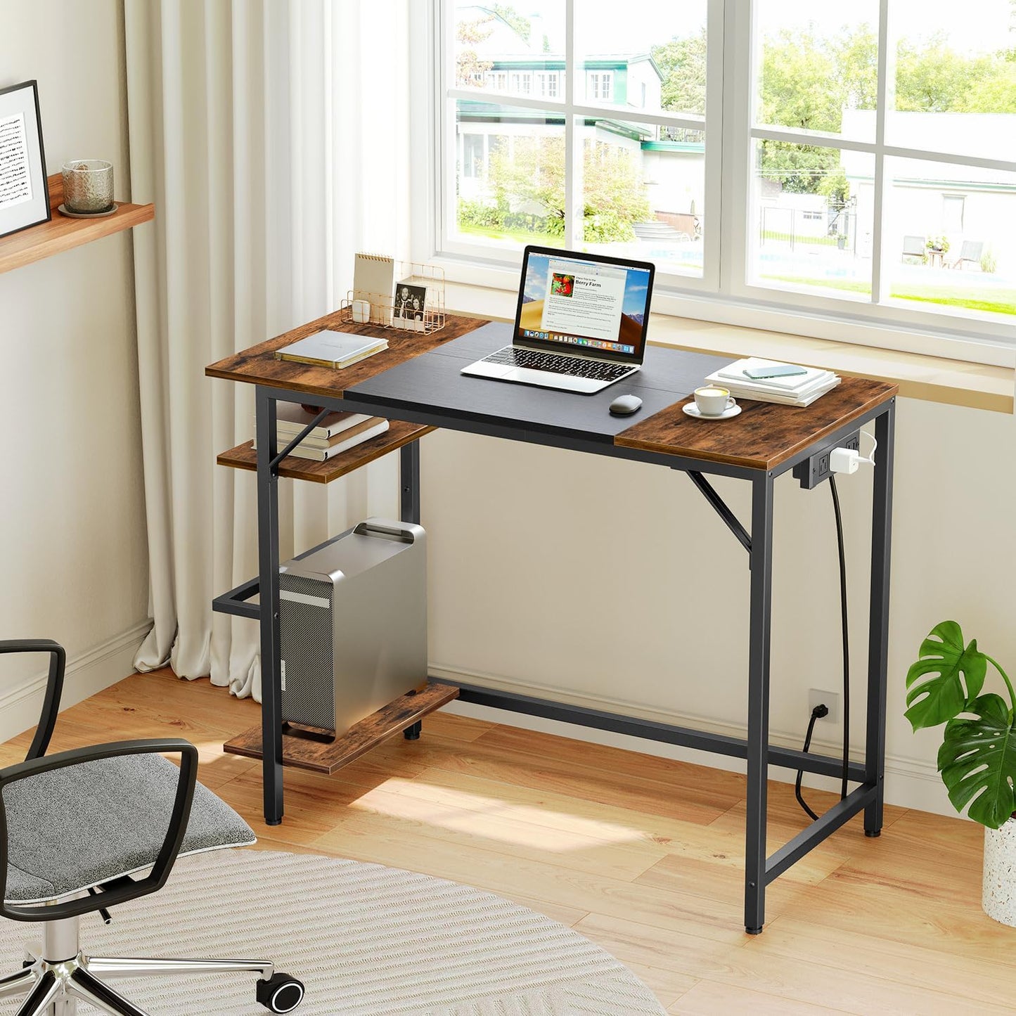 HOOBRO Computer Desk, Home Office Desk with Power Outlet, Writing Desk with 2 Shelves, Modern Small Desk for Home Office, Study, Easy to Assemble, Rustic Brown and Black BF43UDN01