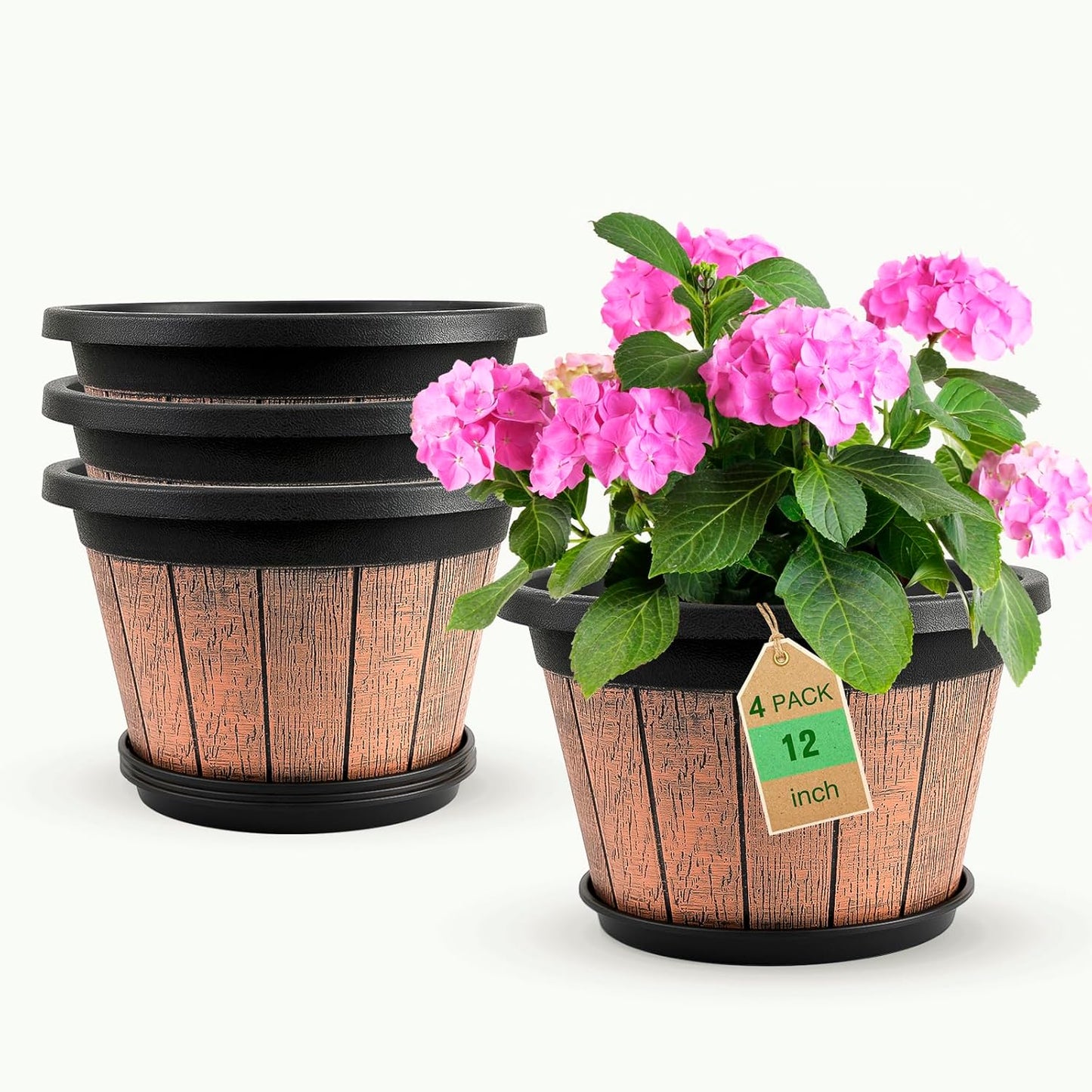 Quarut 4 Pack 10 inch Plant Pots,Upgrade Whiskey Barrel Planters with Drainage Holes & Saucer,Plastic Decoration Flower Pots Retro Design,Planters for Outdoor Indoor Garden Home Plants (Brown)