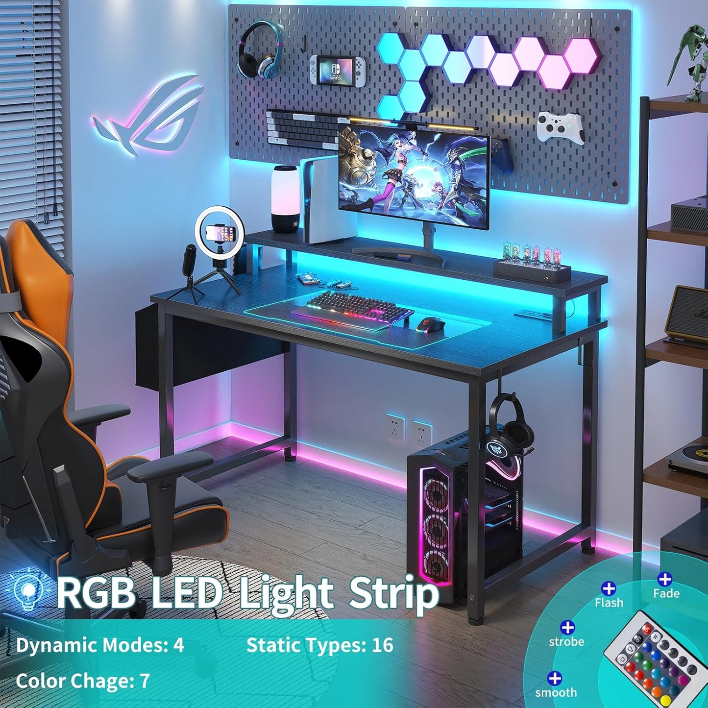 Lufeiya Black Gaming Desk with LED Lights and Power Outlets, 40 Inch Teen Writing Study Table Home Office Desks with Monitor Stand, Computer Desk with Charging Station USB Port, Black