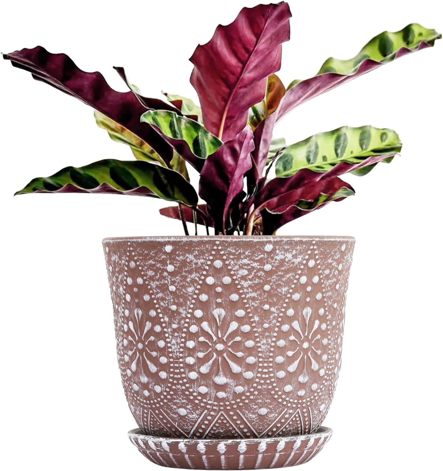 Gepege 6 Inch Beaded Ceramic Planter Set of 2 with Drainage Hole and Saucer for Plants, Indoor-Outdoor Large Round Succulent Orchid Flower Pot (Smoked Gray, Inner-pots not Larger Than 5 Inch)