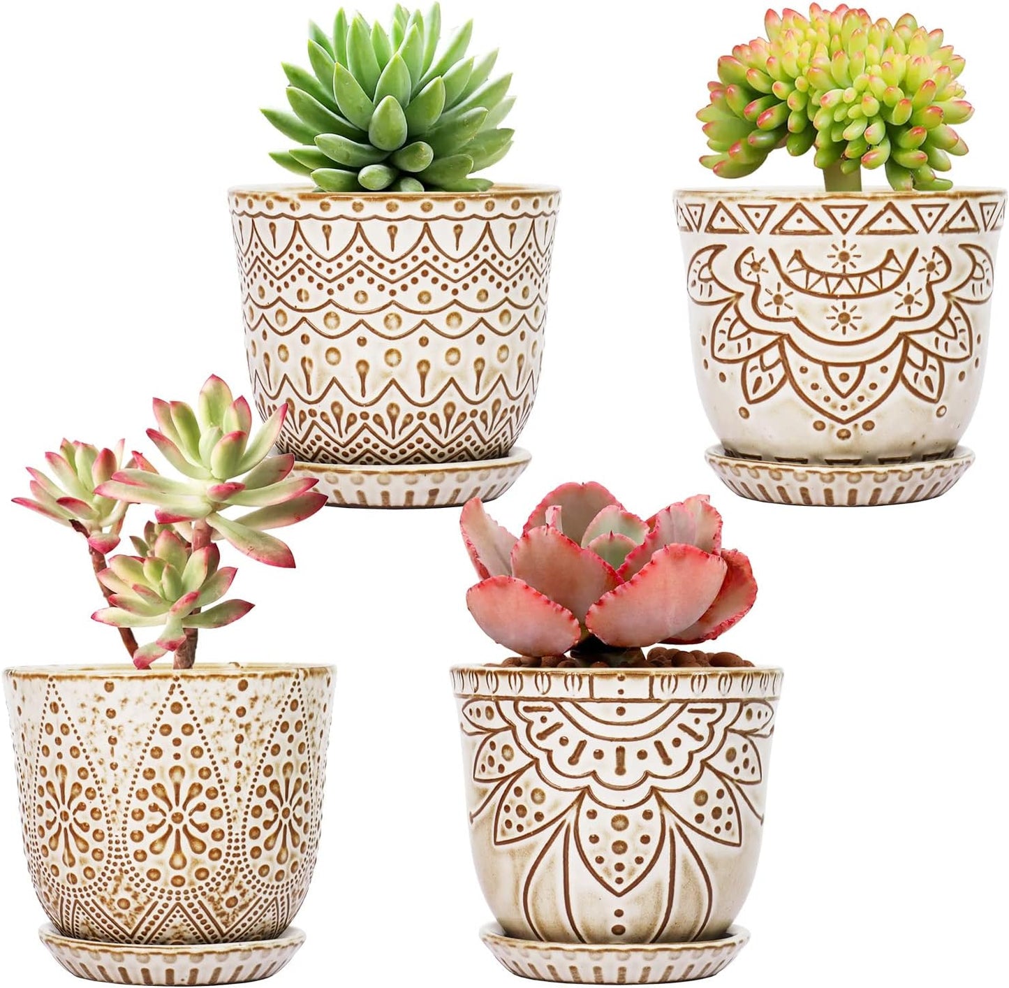 Gepege 6 Inch Beaded Ceramic Planter Set of 2 with Drainage Hole and Saucer for Plants, Indoor-Outdoor Large Round Succulent Orchid Flower Pot (Smoked Gray, Inner-pots not Larger Than 5 Inch)