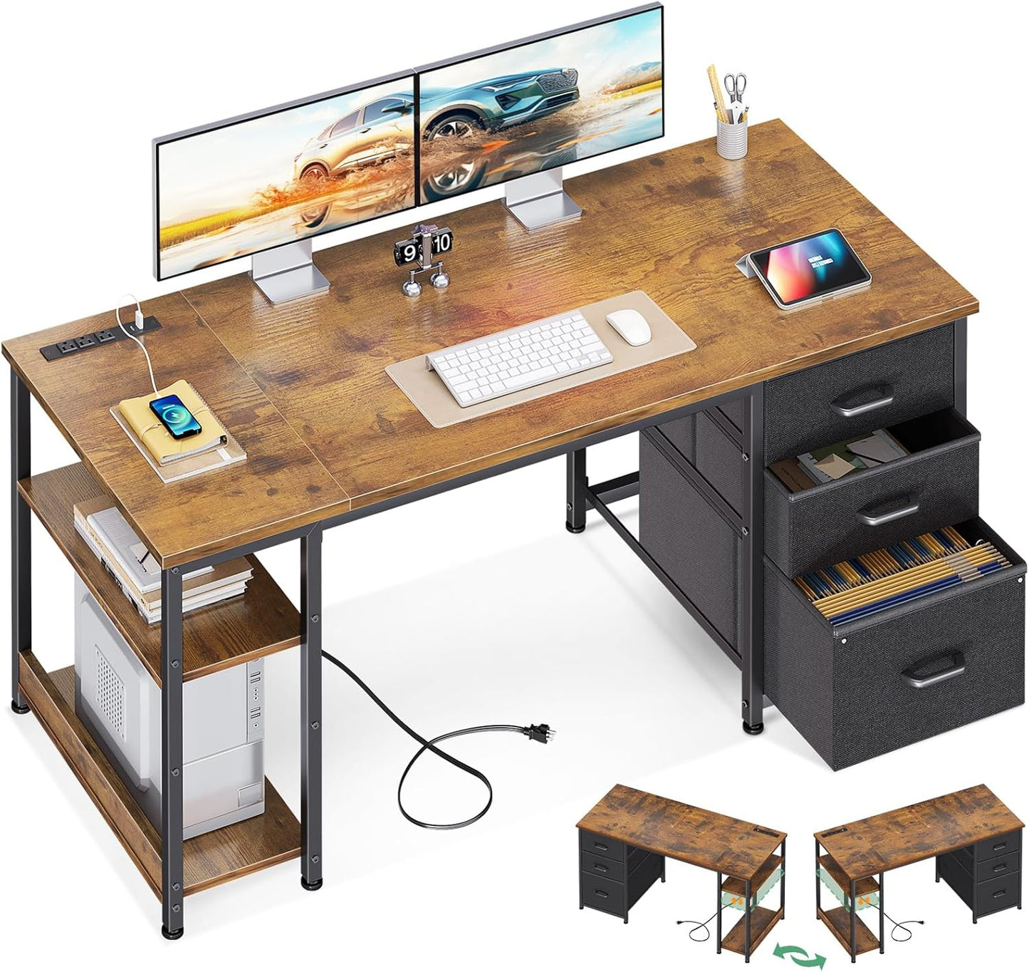 AODK 51 Inch Computer Desk with File Drawers & USB Power Outlets - Reversible Home Office Desk with Storage Shelves, Work from Home, Modern Work/Writing/Study Table for Bedroom, White