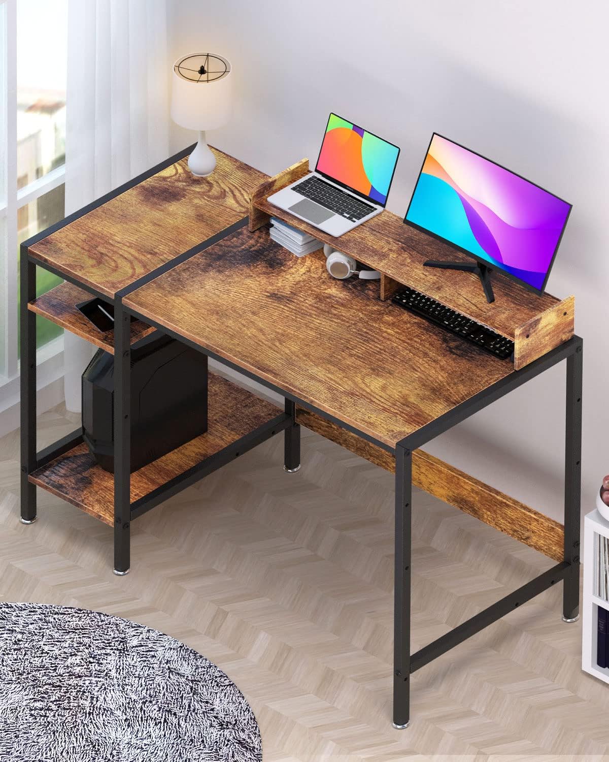 Computer Desk - 39” Gaming Desk, Home Office Table with Storage, Small Desk with Monitor Stand, Adjustable Storage Space, Modern Design Corner Table.