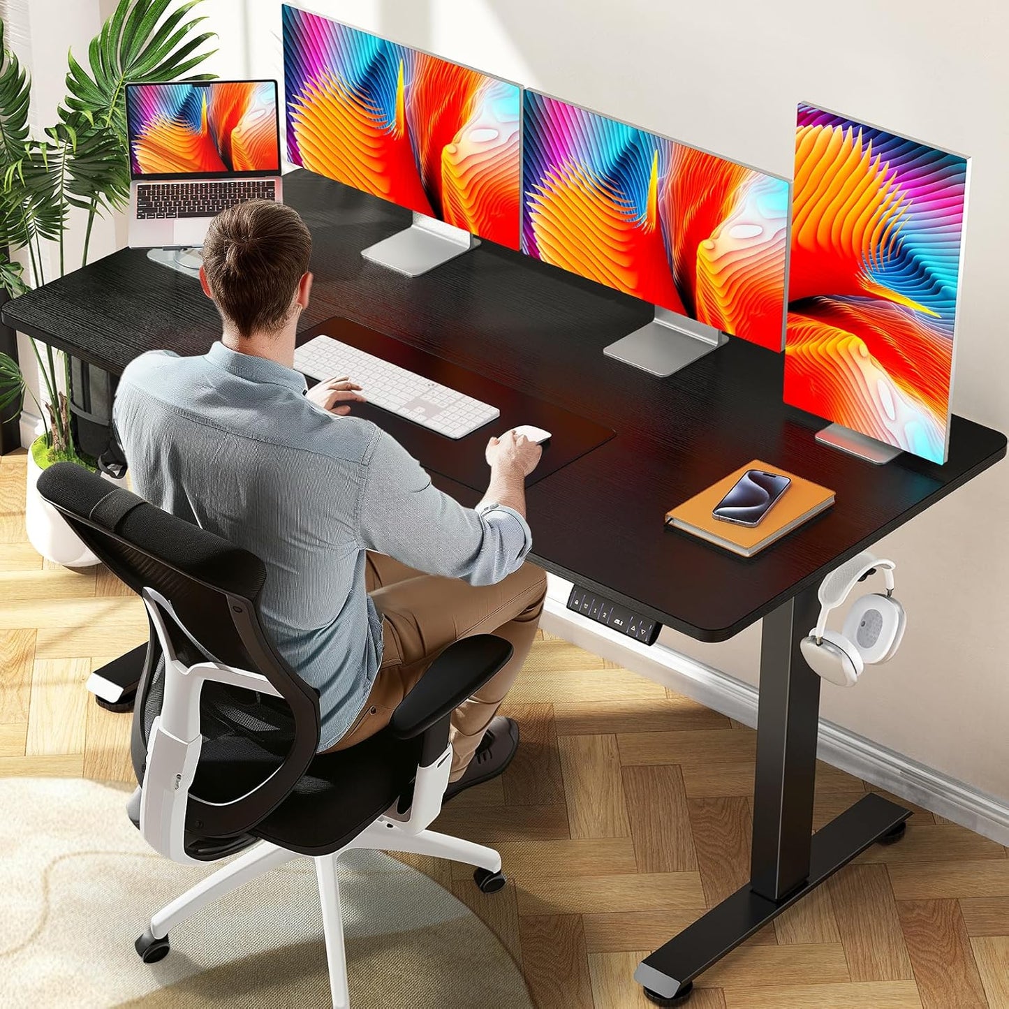 Veken 47.2" Standing Desk Electric, Height Adjustable Sit Stand Up, Wood Desktop, Work Home Office, Computer PC Table, Writing or Gaming Rising Desks, Brown