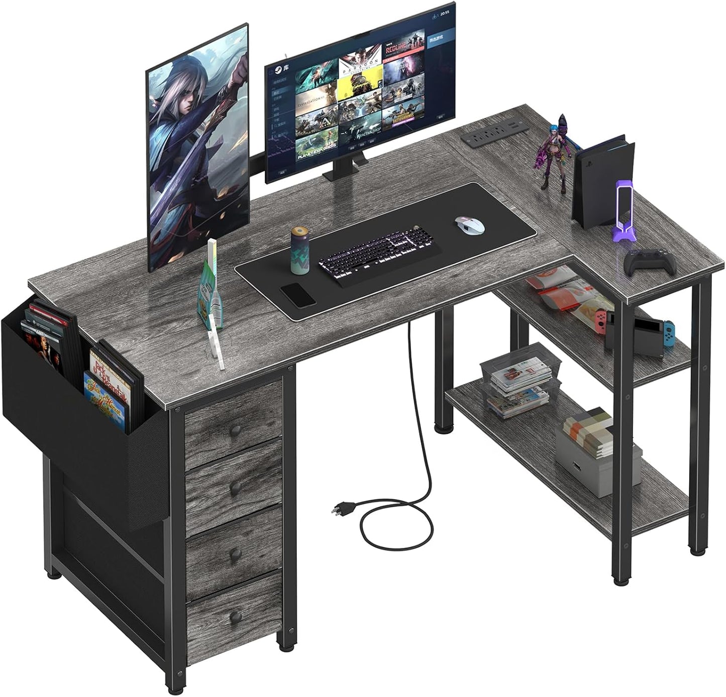 Lufeiya White L Shaped Computer Desk with Drawers & Storage Shelves, 47 Inch Corner Reversible Desk with Power Outlet for Home Office Bedroom, L-Shaped Teen PC Desks with Fabric Drawer, White
