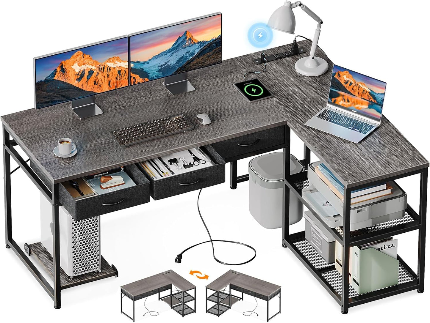 AODK 53 Inch L Shaped Computer Desk with Drawers, Corner Desk with Power Outlets & Reversible Storage Shelves, Movable CPU Stand for Home Office Gaming, White