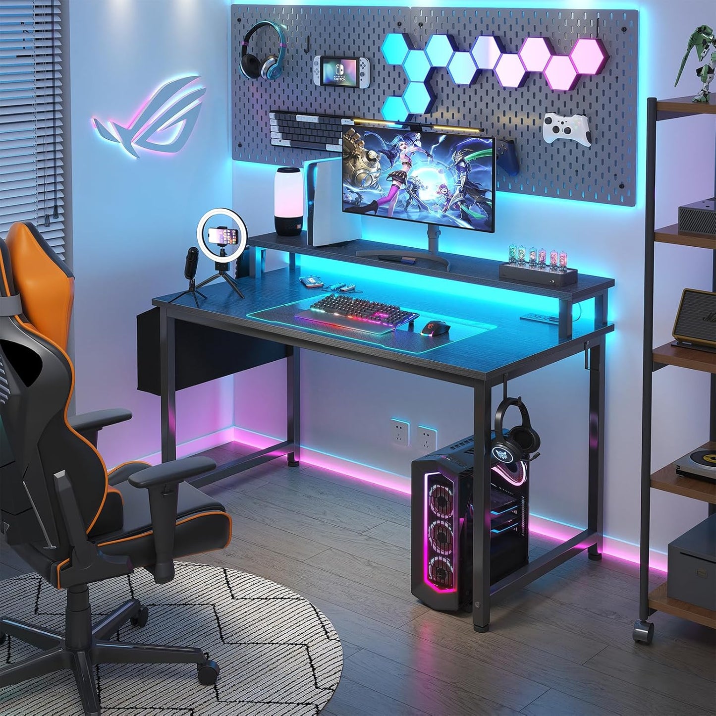 Lufeiya Black Gaming Desk with LED Lights and Power Outlets, 40 Inch Teen Writing Study Table Home Office Desks with Monitor Stand, Computer Desk with Charging Station USB Port, Black