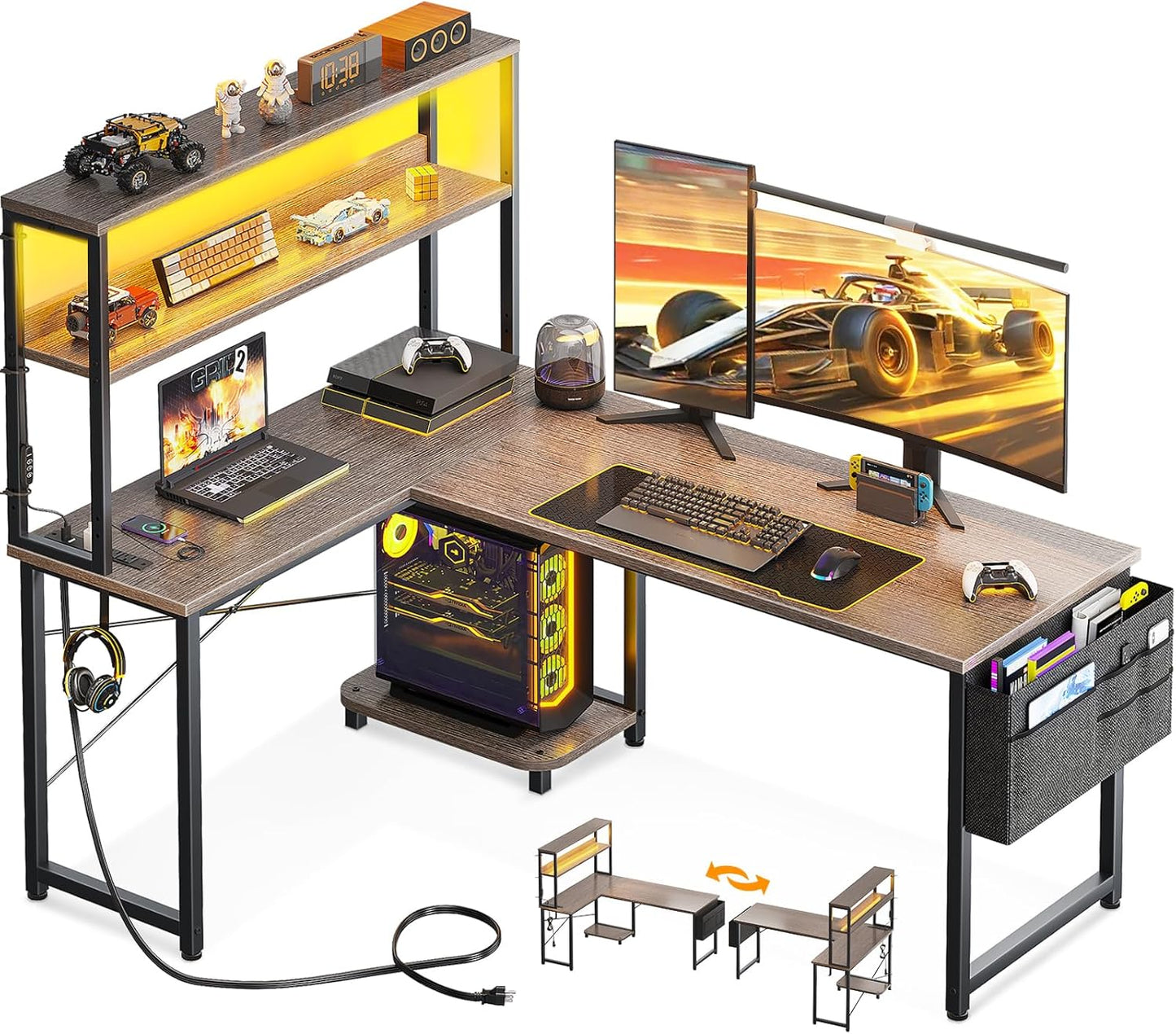 AODK L Shaped Desk Gaming Desk with LED Light & Power Outlet, 53 Inch Reversible L Shaped Computer Table with Shelf & Storage Bag & Hook for Home Office, Black