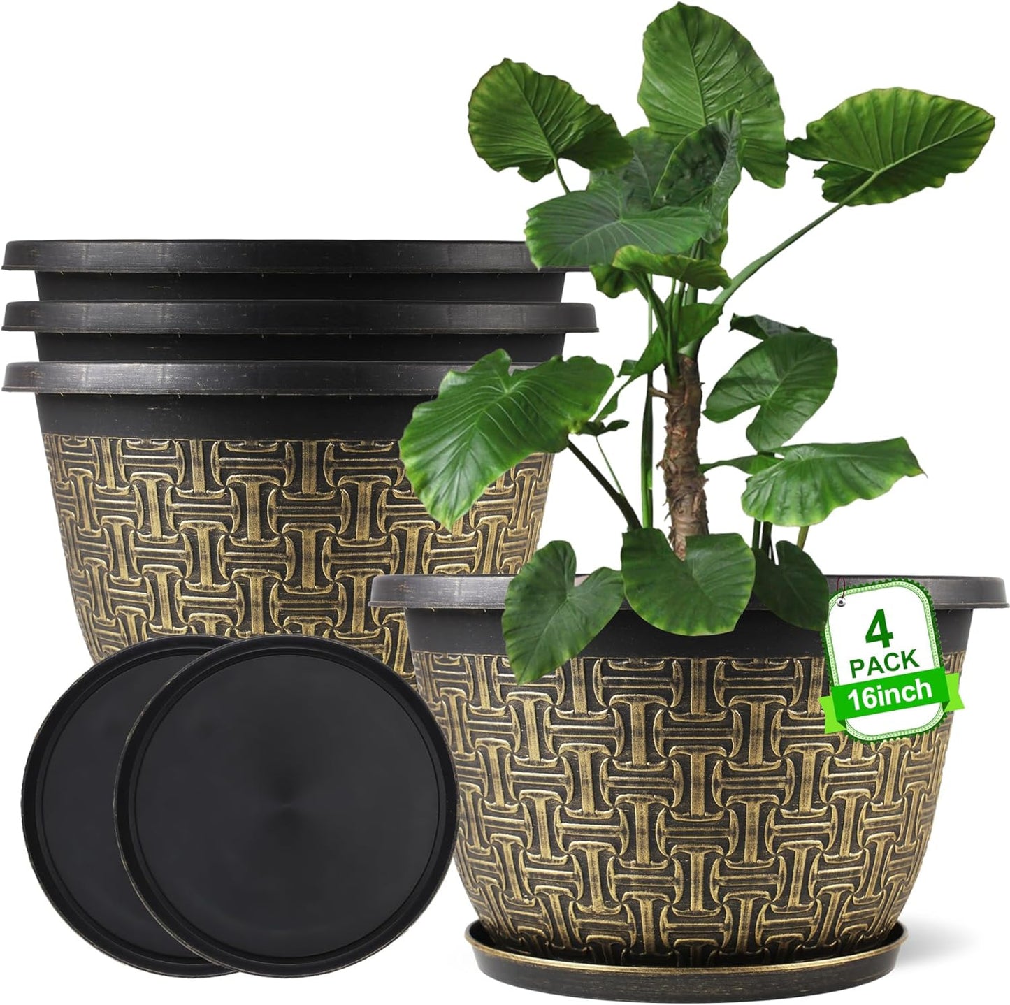 10 Inch Plant Pots, 4 Pack Flower Pots Outdoor with Drainage Holes & Trays, Retro Antique Imitation Decorative Garden Plastic Pots for Plants Indoor Sets for Houseplants