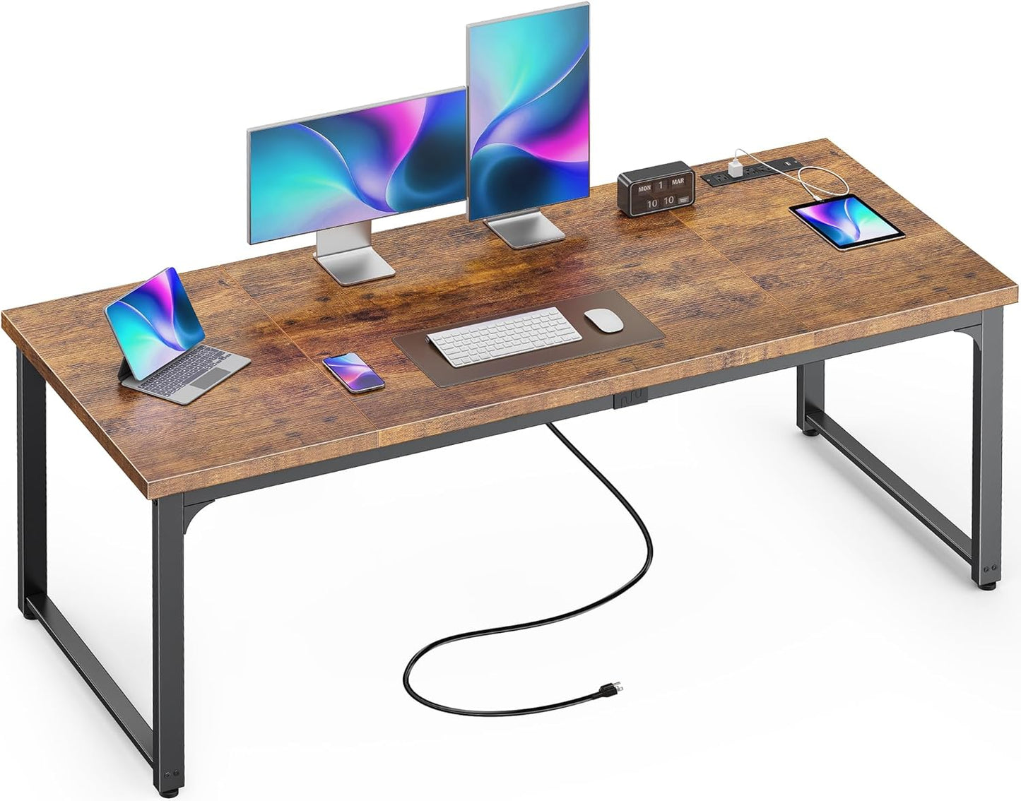Huuger 63 x 24 inch Desk with Power Outlets & USB-C, Deeper & Thicker Desktop, Robust Metal Tubes, Computer Desk, Heavy Duty Office Desk, Work Gaming Desk, for Home Office, White