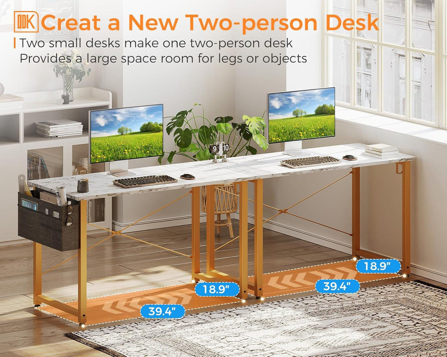 ODK Computer Desk, 40 Inch Small Study Desk, Office Desk with Storage, Work Table with Headphone Hook for Small Space Home Office, White Marble + Gold Leg