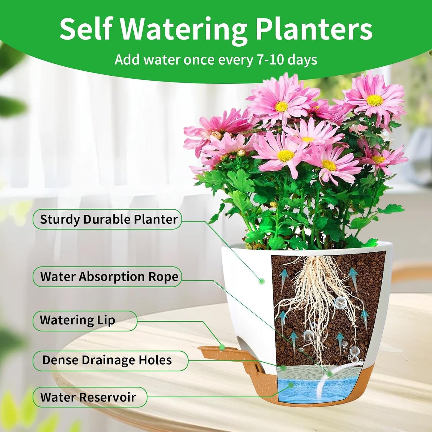 Self Watering Planters, Plant Pots 12/10/9 inch Set of 3, Flower Pots with Drainage Holes for Indoor Outdoor Plants and Flowers, White