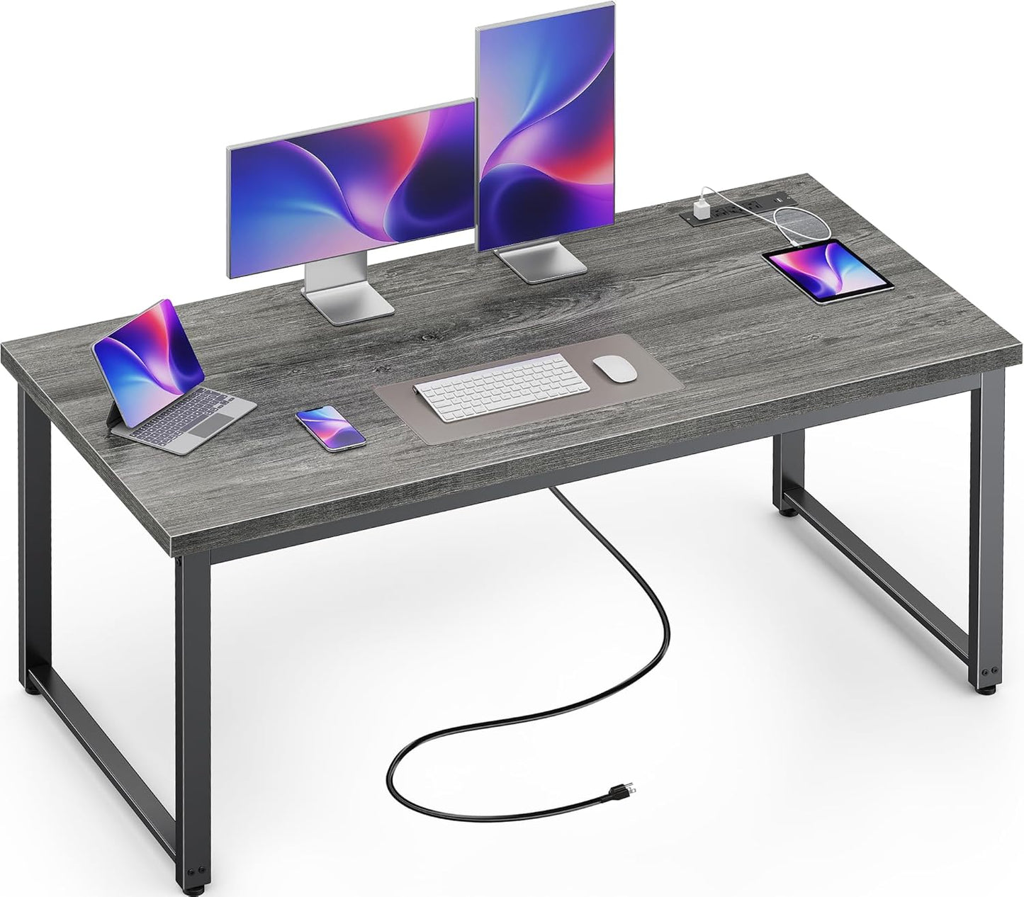 Huuger 63 x 24 inch Desk with Power Outlets & USB-C, Deeper & Thicker Desktop, Robust Metal Tubes, Computer Desk, Heavy Duty Office Desk, Work Gaming Desk, for Home Office, White