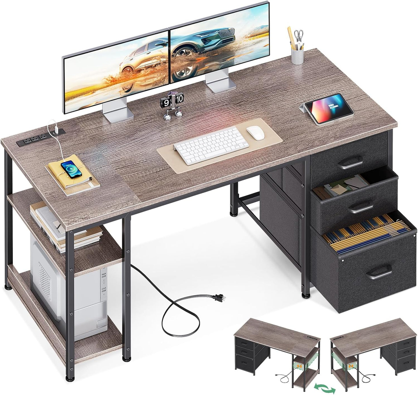 AODK 51 Inch Computer Desk with File Drawers & USB Power Outlets - Reversible Home Office Desk with Storage Shelves, Work from Home, Modern Work/Writing/Study Table for Bedroom, White