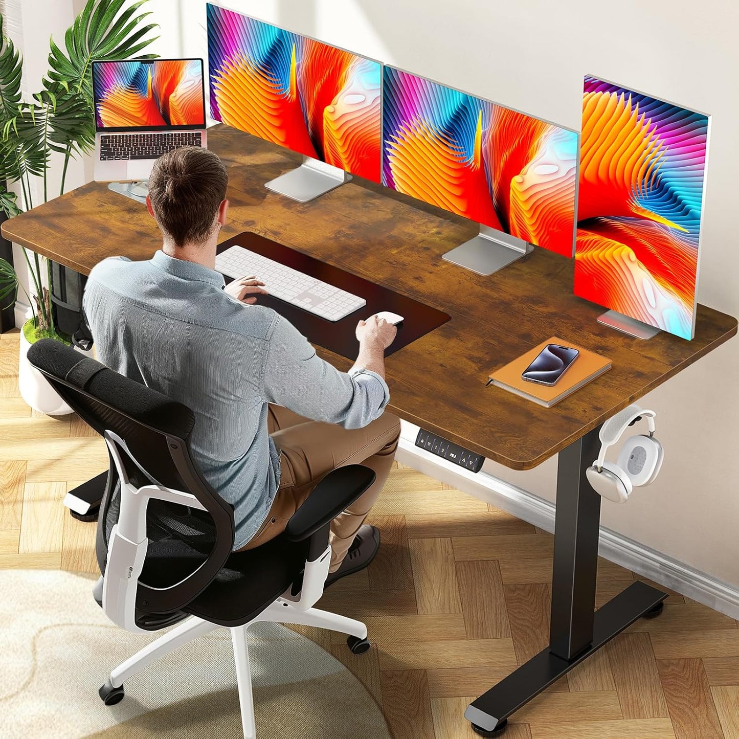 Veken 47.2" Standing Desk Electric, Height Adjustable Sit Stand Up, Wood Desktop, Work Home Office, Computer PC Table, Writing or Gaming Rising Desks, Brown