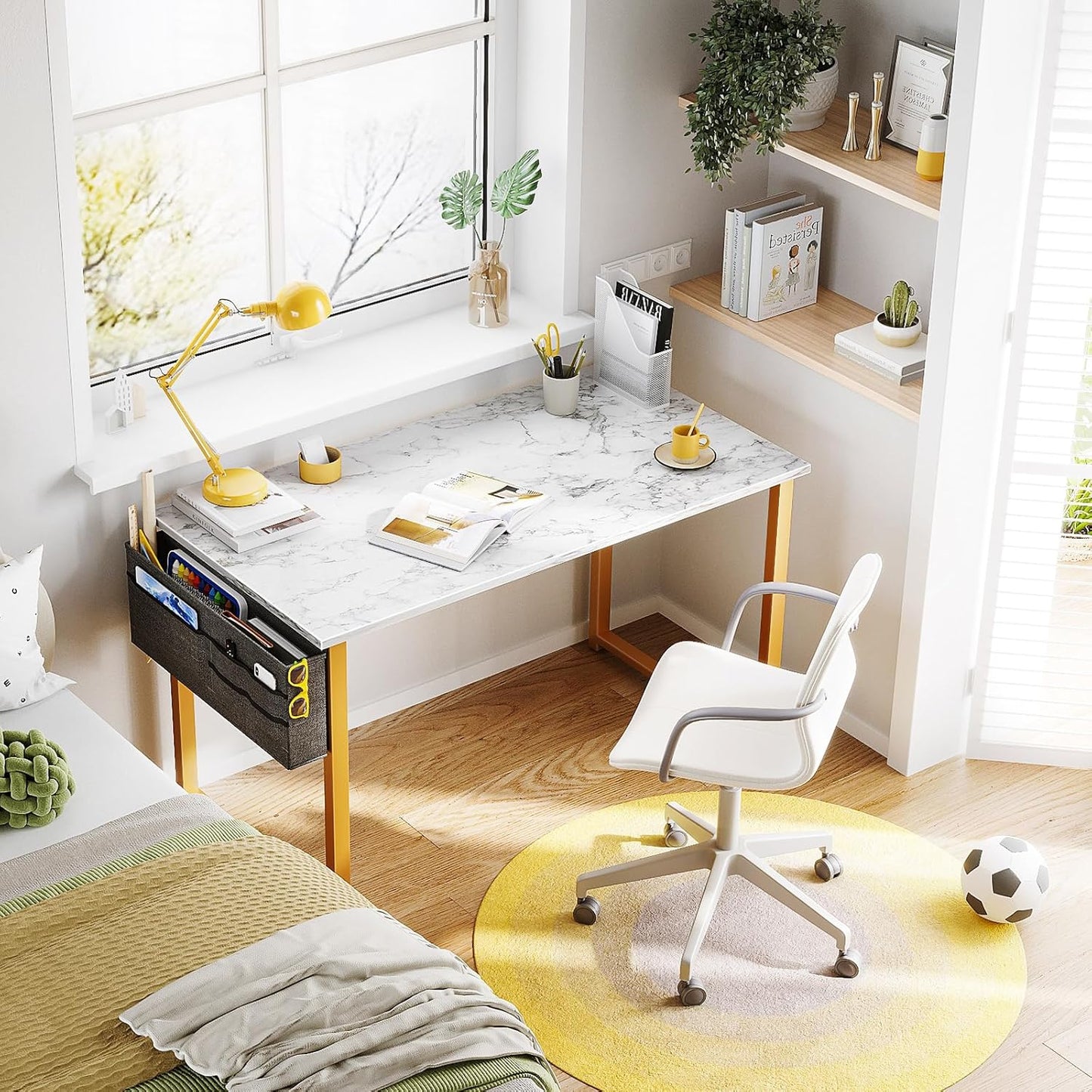 ODK Computer Desk, 40 Inch Small Study Desk, Office Desk with Storage, Work Table with Headphone Hook for Small Space Home Office, White Marble + Gold Leg
