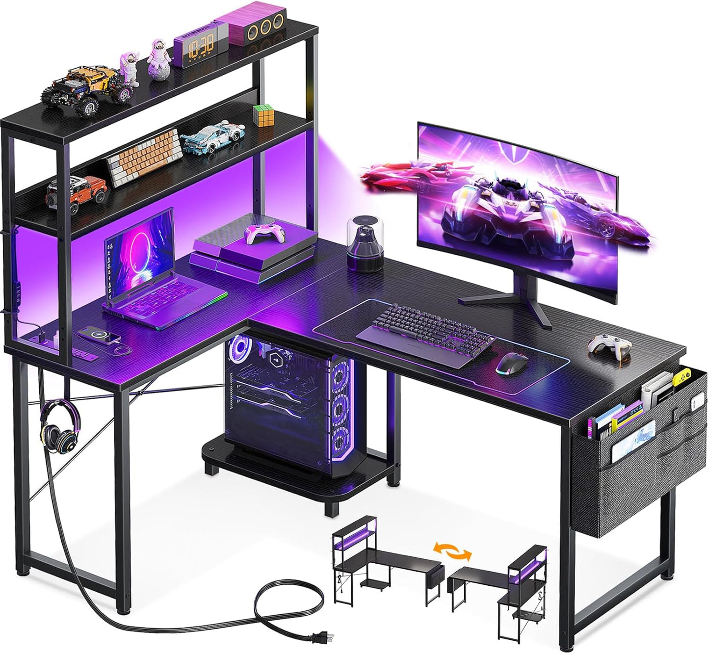 AODK L Shaped Desk Gaming Desk with LED Light & Power Outlet, 53 Inch Reversible L Shaped Computer Table with Shelf & Storage Bag & Hook for Home Office, Black