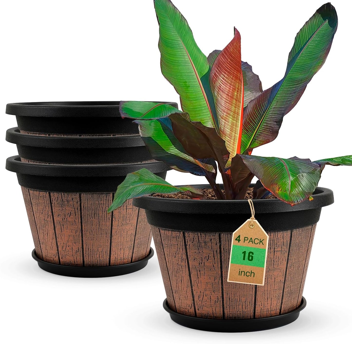 Quarut 4 Pack 10 inch Plant Pots,Upgrade Whiskey Barrel Planters with Drainage Holes & Saucer,Plastic Decoration Flower Pots Retro Design,Planters for Outdoor Indoor Garden Home Plants (Brown)