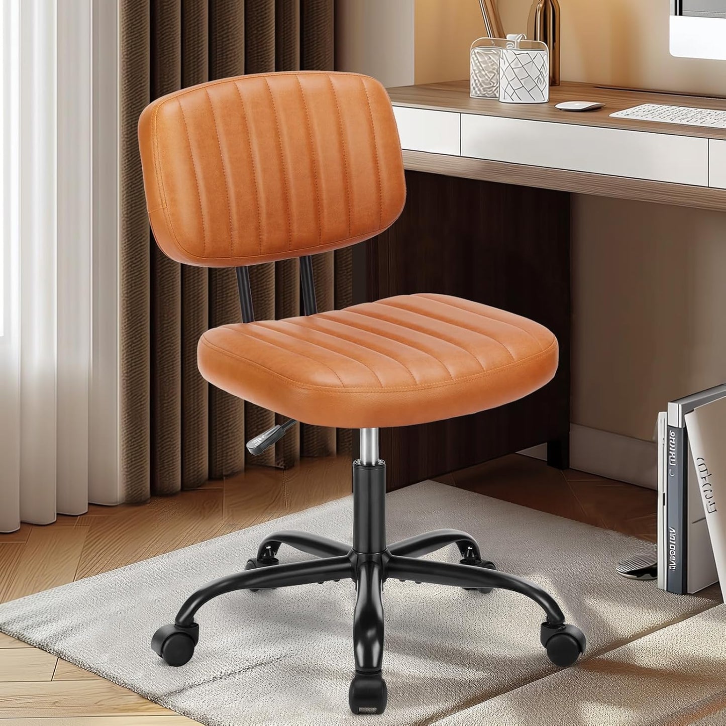 Armless Home Office Desk Chair -Small Ergonomic with Low Back Lumbar Support, Height Adjustable PU Leather Computer Task with 360° Swivel Rolling Wheels, for Small Space, Brown