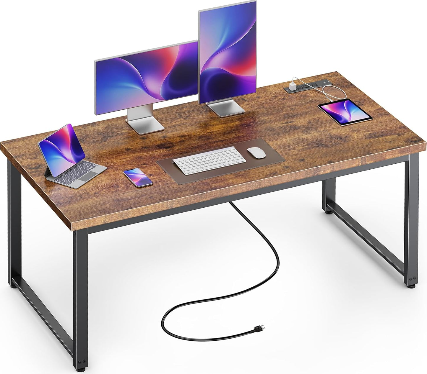 Huuger 63 x 24 inch Desk with Power Outlets & USB-C, Deeper & Thicker Desktop, Robust Metal Tubes, Computer Desk, Heavy Duty Office Desk, Work Gaming Desk, for Home Office, White