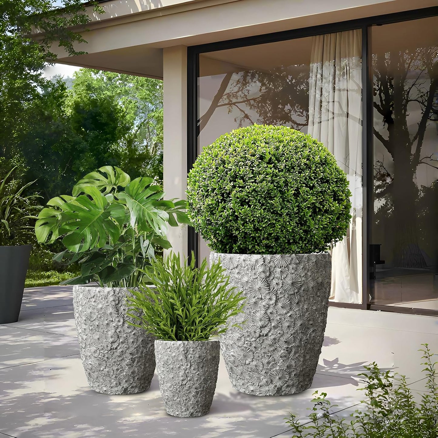 Craft flowerpots 18"+13"+19" Dia Round Concrete Planter Set of 3 Large Outdoor/Indoor Planter Pots Containers with Drainage Holes and Rubber Plug for Home Garden (White, Large)
